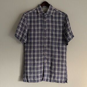Joseph Abboud 100% Linen Shirt Purple Plaid Short Sleeve Men’s Size Small